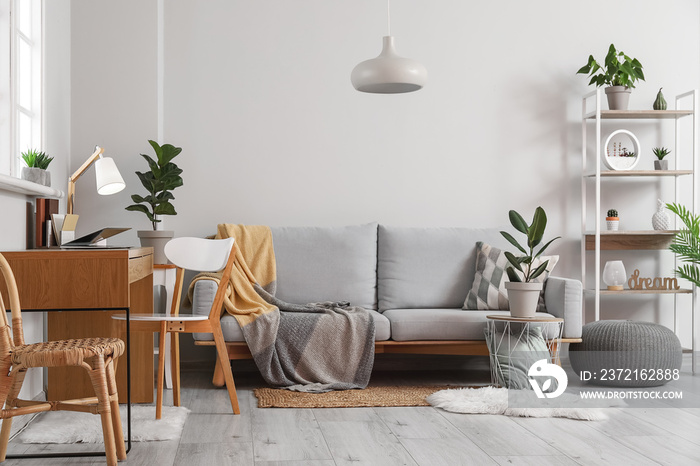 Interior of stylish living room with sofa, workplace and houseplants