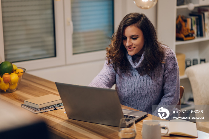 Hispanic woman using a laptop while working form home