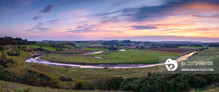 Twilight Panorama of River Aln, as it approaches the North Sea at Alnmouth, now tidal, it meanders t