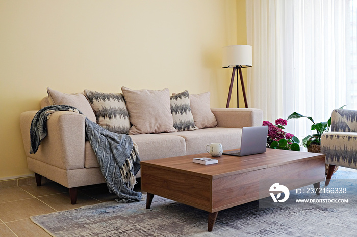 Living room with modern beige textile couch and laptop on wood textured table, natural light. House 