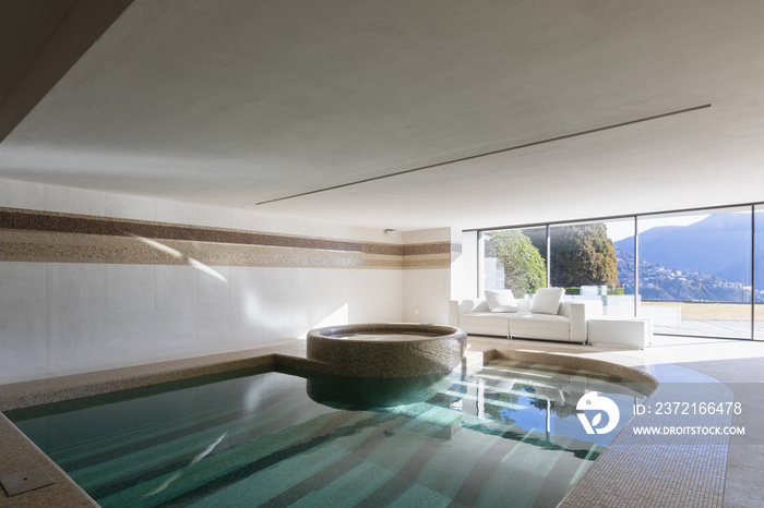 Indoor pool of private villa with lake view and bar area