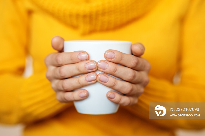 Cup of hot tea in your hands. Beverage concept, lifestyle, autumn and winter.