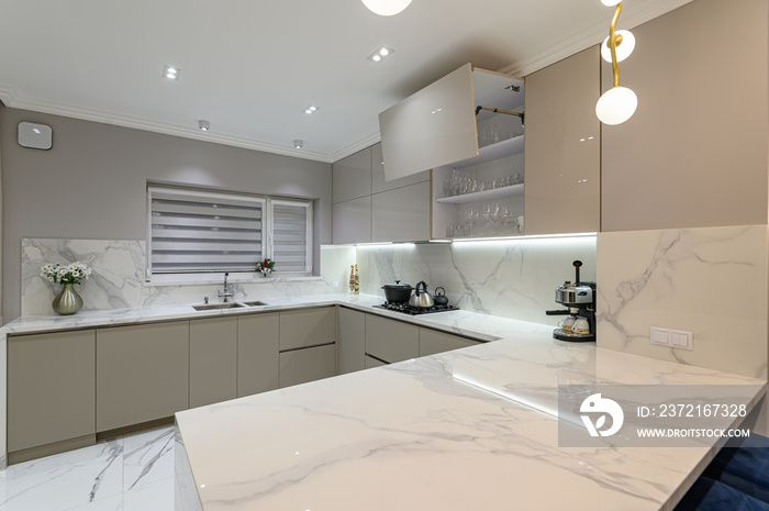 Luxury white modern marble kitchen in studio space