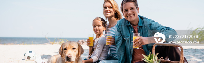 Panoramic shot of family with glasses of orange juice sitting near golden retriever on beach