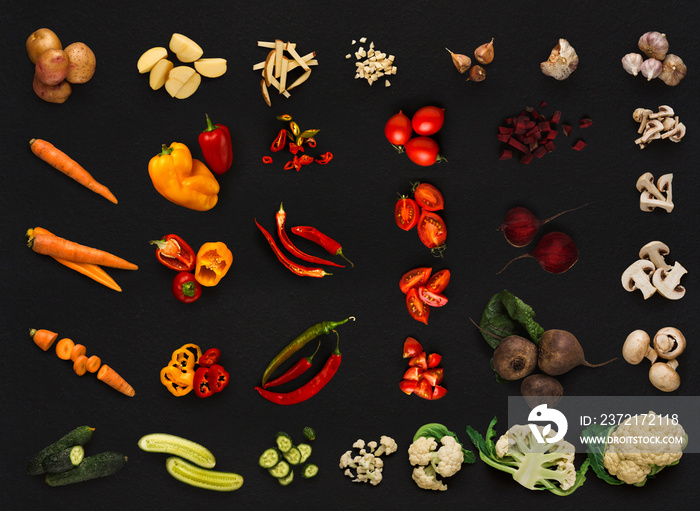 Collage of various vegetables on black background, isolated