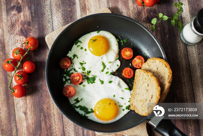  Fried eggs in a frying pan.