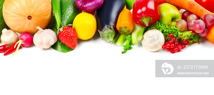 Colourful fruits and vegetables on white background