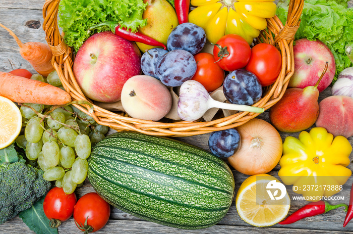 篮子俯视图中的水果和蔬菜。