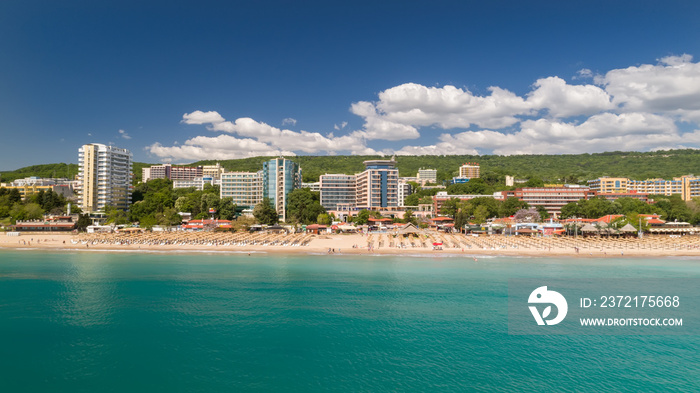 Zlatni Piasaci金沙海滩和酒店的美景。保加利亚瓦尔纳附近的热门避暑胜地