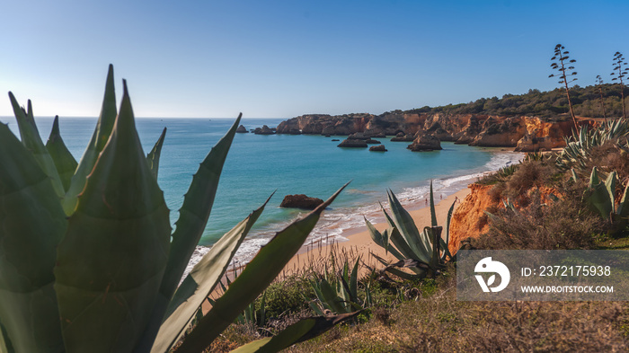 Atlantic coast in Algarve, Portugal. Beautiful bright landscape, waves and rocks on the beach