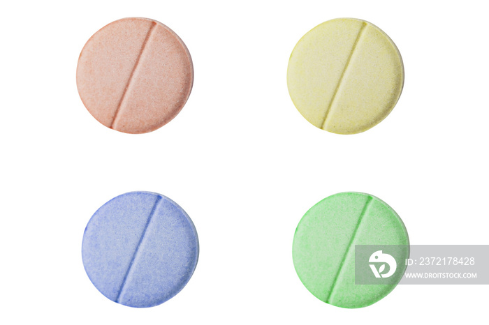 Set of four different color yellow, green, red, blue pills healthy or narcotic in form of circle iso