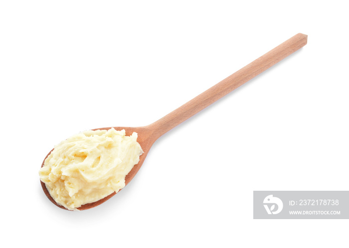 Spoon with tasty mashed potato on white background