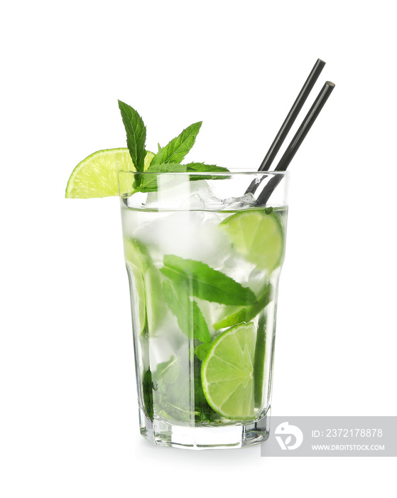 Glass with tasty summer cocktail on white background