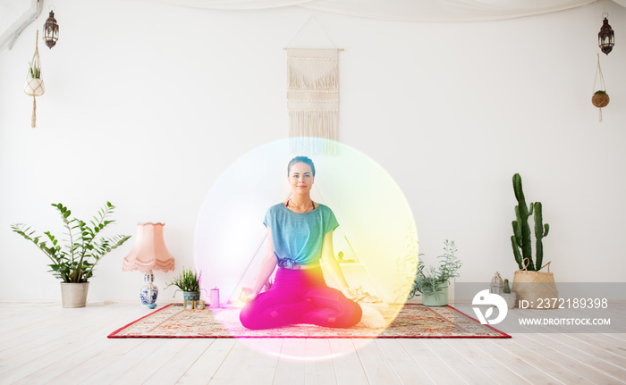 正念、灵性和健康的生活方式概念——瑜伽课上以莲花姿势冥想的女性