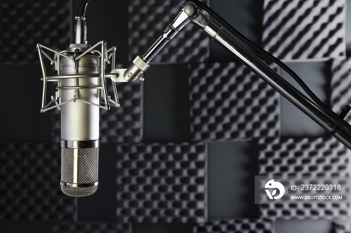 A professional microphone in a home recording studio with sound proof walls