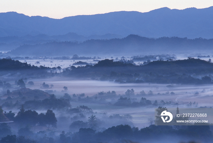 Burma, Arakan, Mrauk-U, hills in the fog