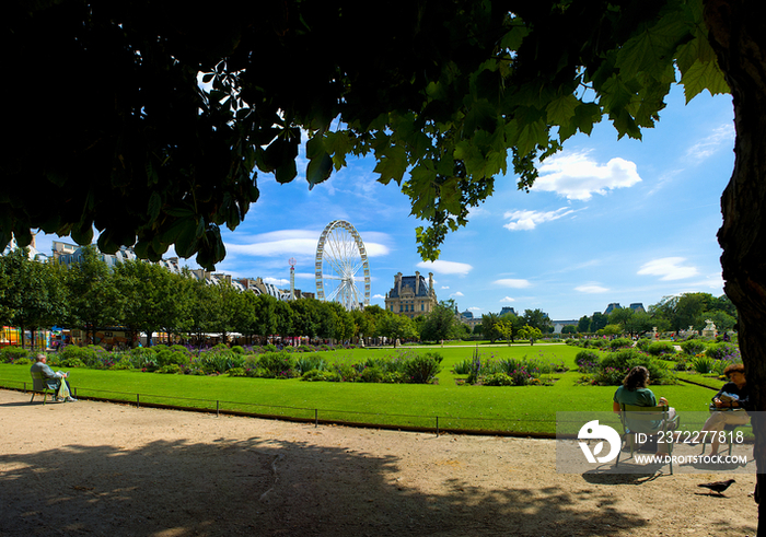 People relaxing at Tuileries Garden in Paris, France