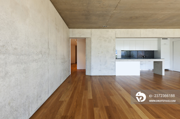 现代混凝土房子，硬木地板，厨房