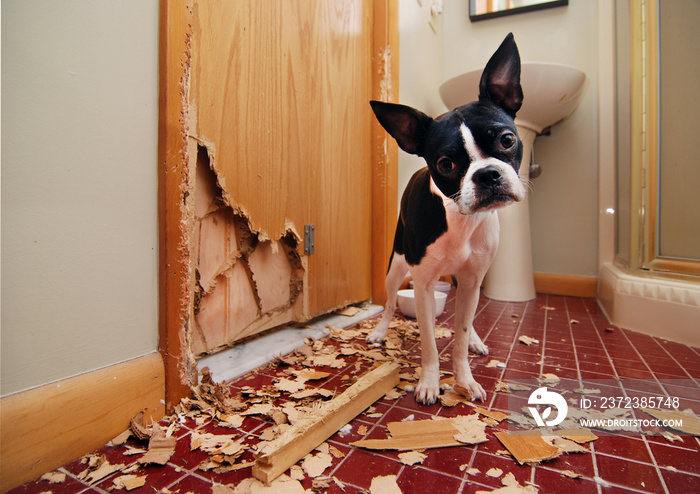 Naughty Boston Terrier has eaten the door