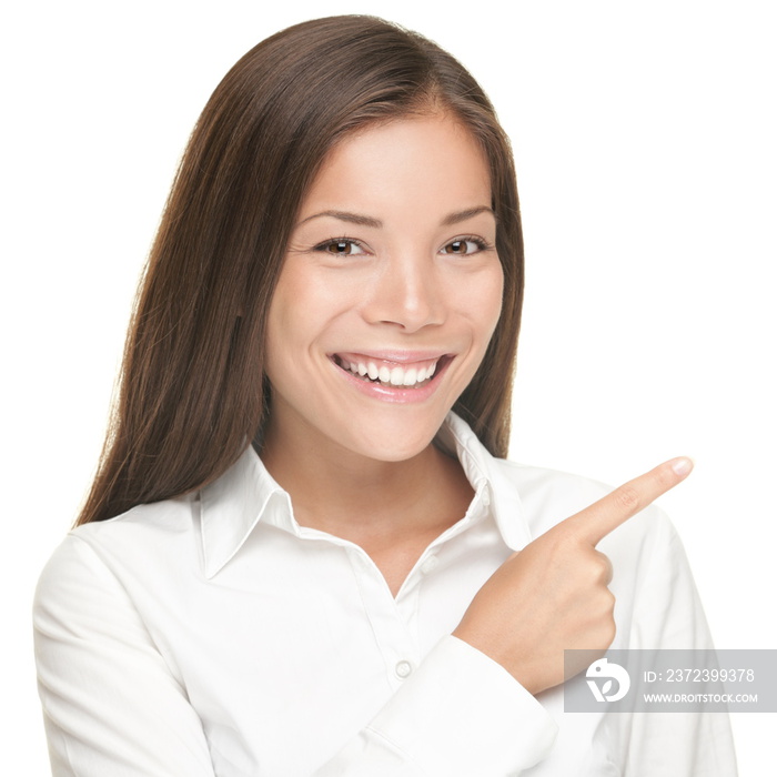 Woman pointing portrait isolated