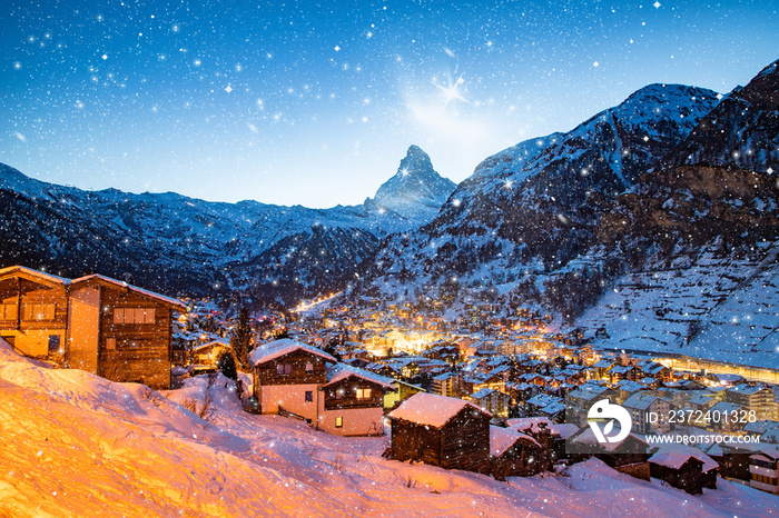 snowing in Zermatt traditional Swiss ski resort under the Matterhorn