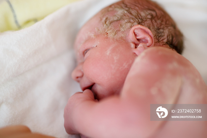 新生儿出生后几秒钟又几分钟。可爱的新生女婴躺在毛巾上。新生，开始