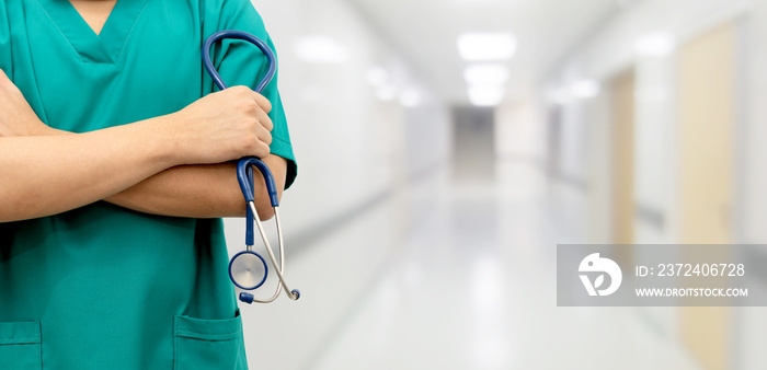 Surgeon doctor standing in hospital. Medical healthcare staff and doctor service.