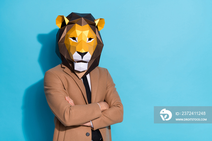 Photo of absurd freak lion mask guy employee cross arms wear outerwear isolated over blue color back