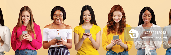 Happy young diverse women using smartphones to post in social media, watch videos, study or work rem