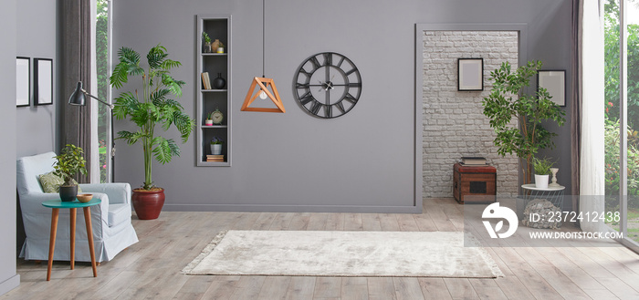 灰色空房间，带黑色时钟灯和壁龛，地毯风格，办公室风格。