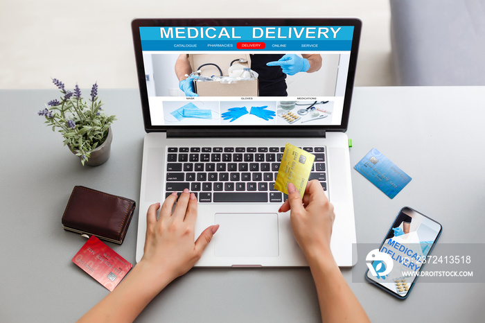 Online pharmacy. Application in your laptop for online ordering of medicines. laptop close-up. Lots 