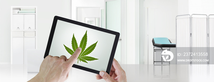 doctors hand touch screen of the digital tablet with the marijuana leaf symbol, isolated on the med