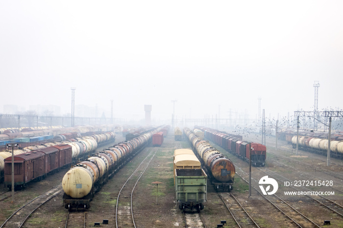 Multiple rail lines with trains in fog. Trainyard with modern and old trains.