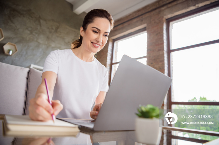 Photo of pretty positive person toothy smile look laptop display hand hold pen take notes in diary h