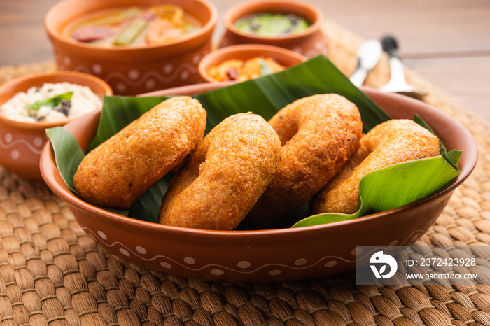 Medu Vada or sambar vada, a popular South Indian food served with different chutney