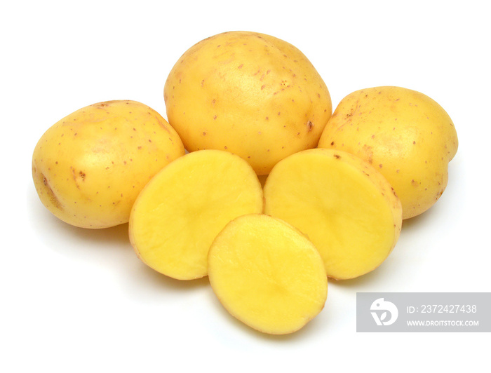 Potatoes sliced vegetable isolated on white background. Flat lay, top view