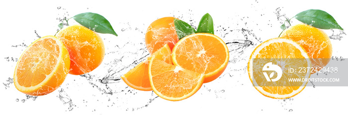 Fresh Oranges with water splash on isolated white background