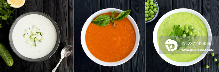 Collage of various types plates of soup. Green pea, tomato and yogurt  cucumber soups in the bowls o