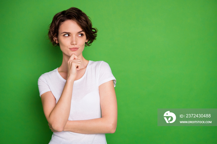 Photo of attractive lady short wavy hairdo look interested side empty space have creative idea crazy