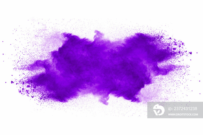 Explosion of violet dust on white background.