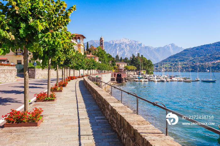 Panorama landscape on beatiful Lake Como in Tremezzina, Lombardy, Italy. Scenic small town with trad