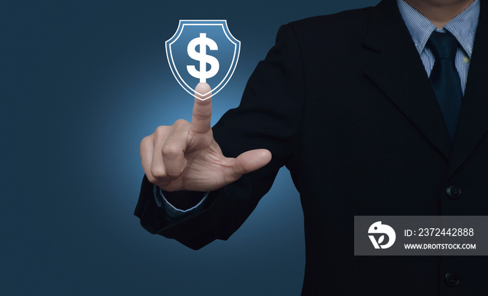 Businessman pressing dollar with shield flat icon over gradient light blue background, Business mone