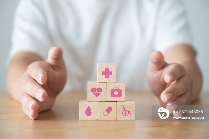 Hand protect wood block stacking with icon healthcare medical, Insurance for your health concept