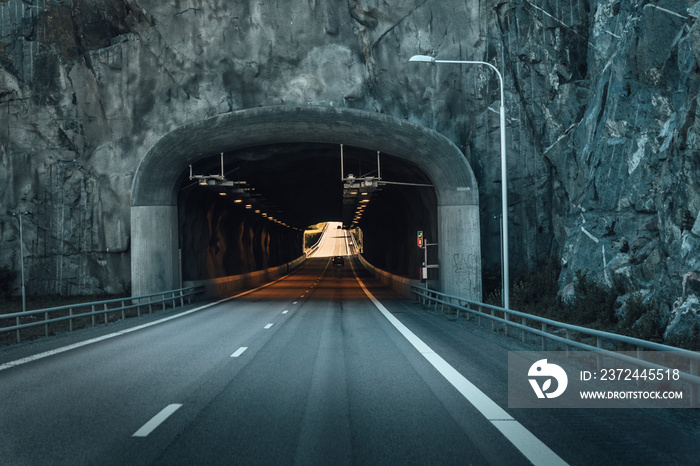 Road tunnel through rock Outside Västerås Sweden