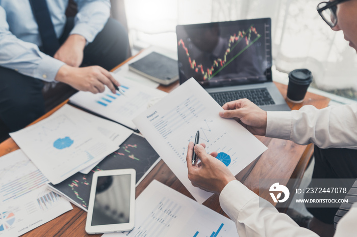 Working business man, team of broker or traders talking about forex on multiple computer screens of 