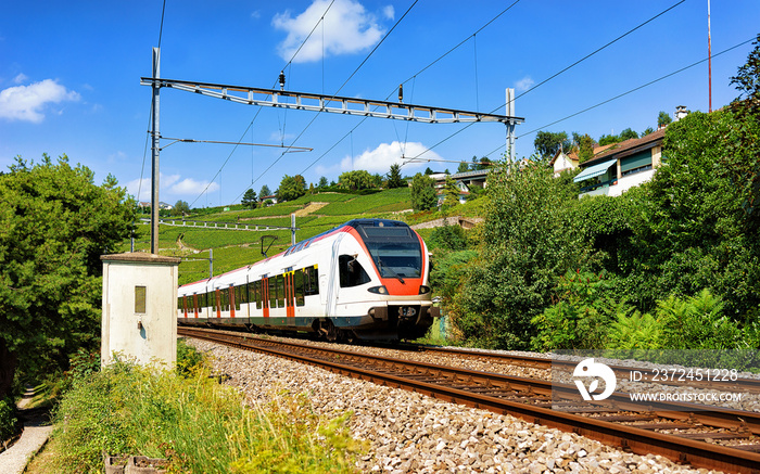 Running train at Lavaux Vineyard Terrace hiking trail, Lavaux-Oron district, Switzerland