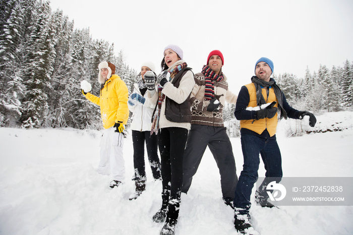 adults having a snowball fight in the countryside