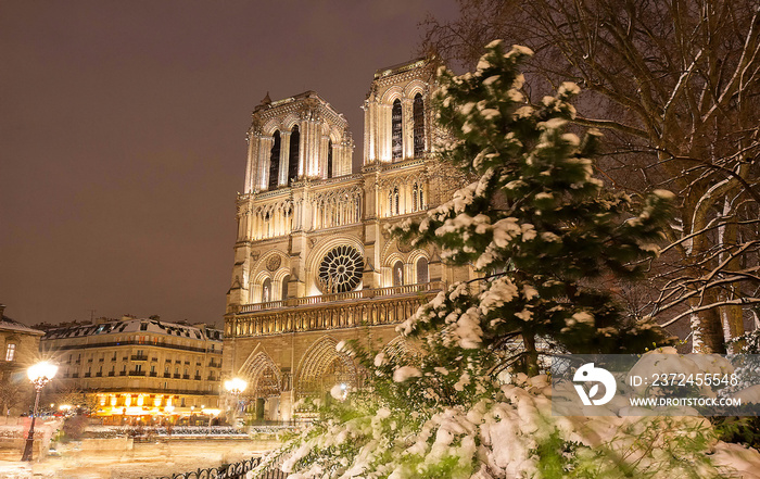 The Notre Dame cathedral in winter , Paris, France.