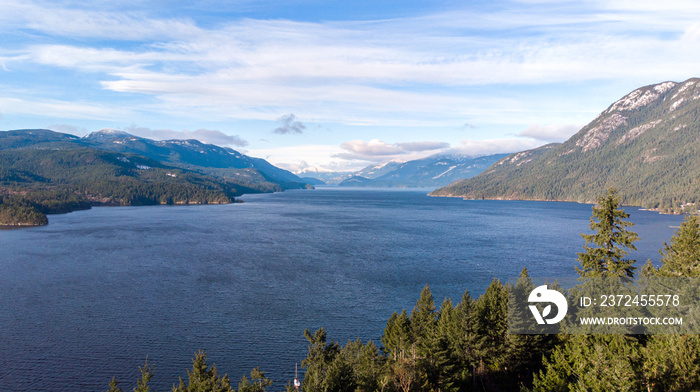 Aerial Panoramic View of Sechelt Inlet, Sunshine island, British Columbia, Canada