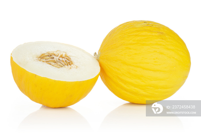 Group of one whole one half of fresh yellow melon canary isolated on white background